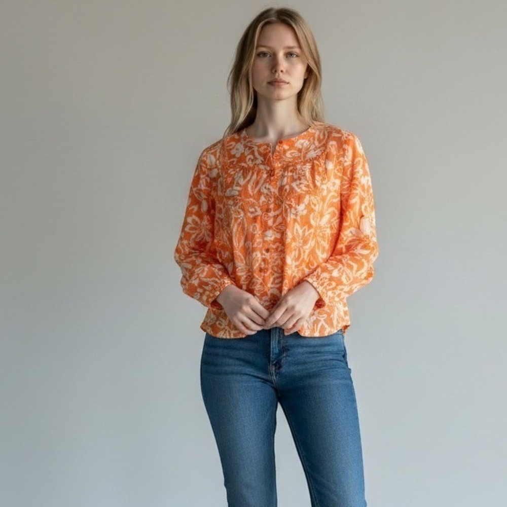 NWT Zac & Rachel Floral Peasant Blouse Coral White Lace Trim Plus Size 1X
